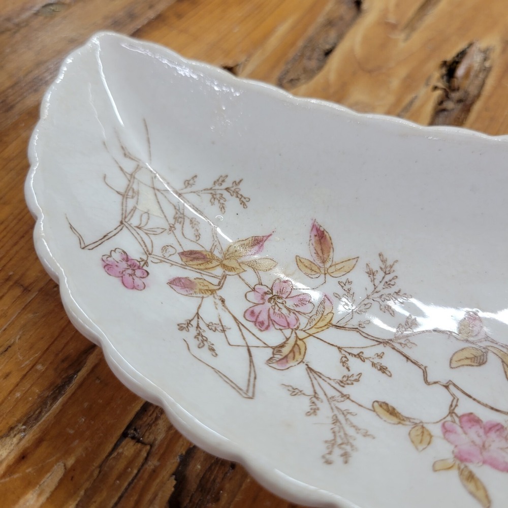 Antique Wheelock China Store Crescent Shape Bone Trinket Jewelry Dish Floral USA - Picture 3 of 9